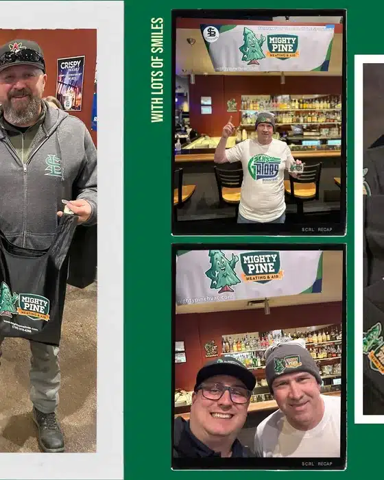 Smiling Boosters supporters holding Mighty Pine Heating & Air tote bags at a Colorado high school poker fundraiser
