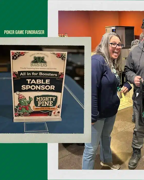 Mighty Pine table sponsor sign at the Stanley Lake High School Boosters poker game fundraiser in Westminster, CO