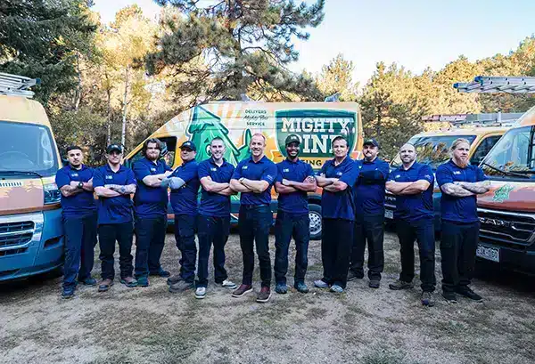 The owner of Mighty Pine, Judd Robertson, and the service team standing in front of their fleet of trucks.