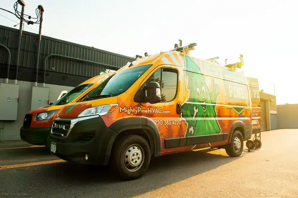 Mighty pine truck in Arvada outside of building