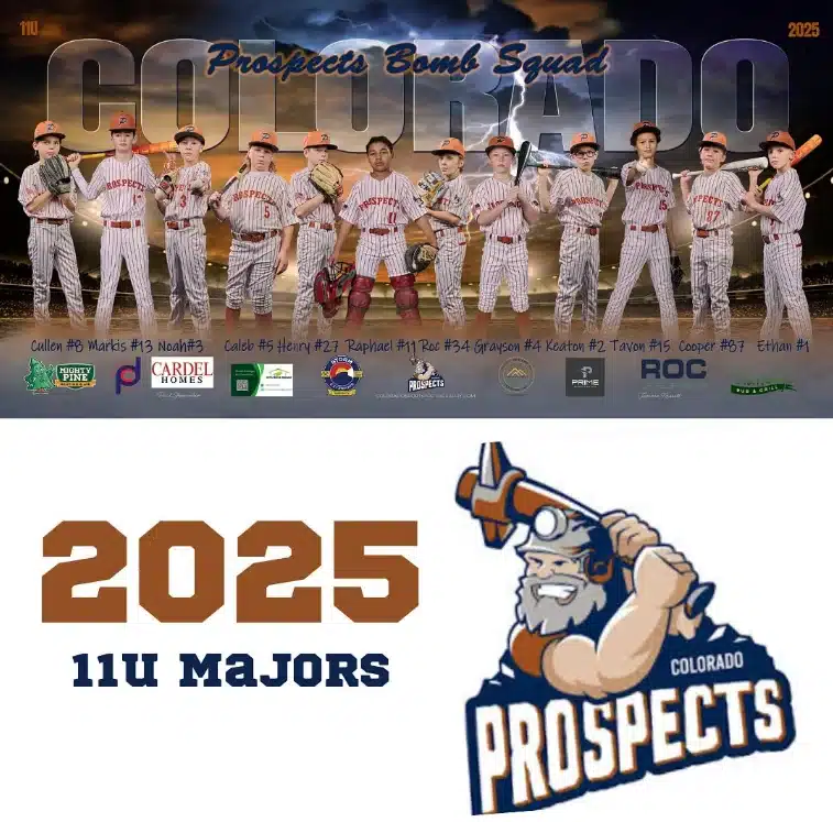 Colorado Prospects Bomb Squad 11U 2025 baseball team banner featuring Mighty Pine Home Services as a team sponsor