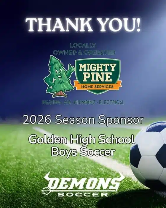 Mighty Pine Home Services thank-you graphic as 2026 season sponsor of Golden High School Demons boys soccer in CO