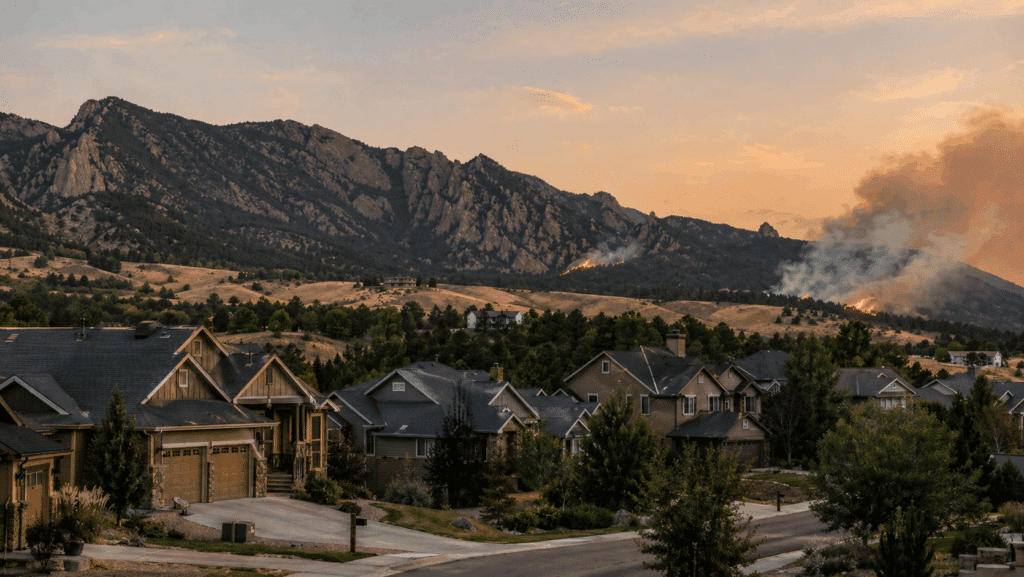 wildfire and smoke in Colorado, with front range mountains in the background and residential homes in the foreground