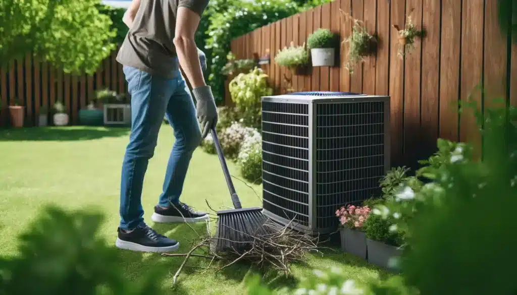 homeowner clearing debris around outdoor AC unit in Arvada